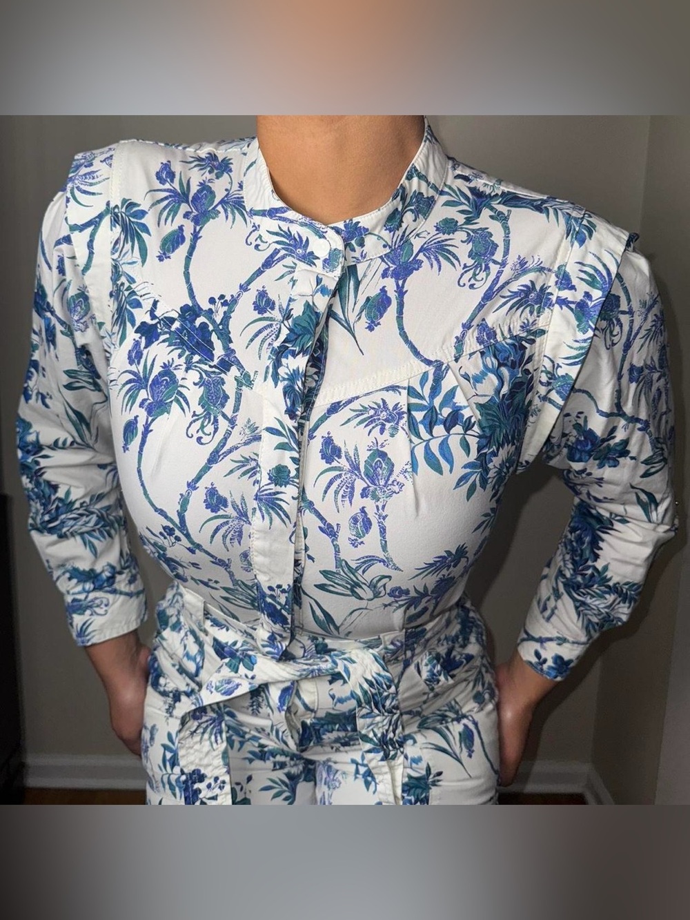 Anthropologie White Button-Front Floral Shirt with Blue Print